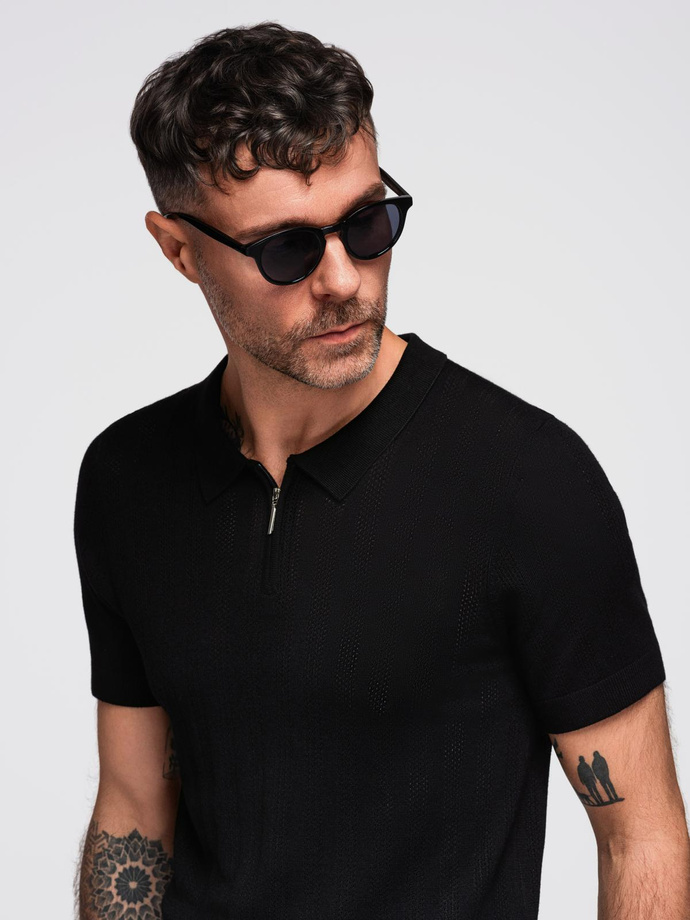 Men's openwork polo shirt with zipper at neckline - black V2 OM-POSS-0158