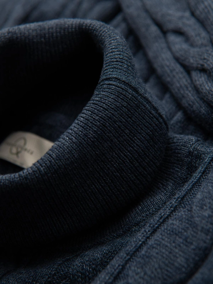 Men's turtleneck sweater with checkered weave - navy blue V3 OM-SWTN-0157
