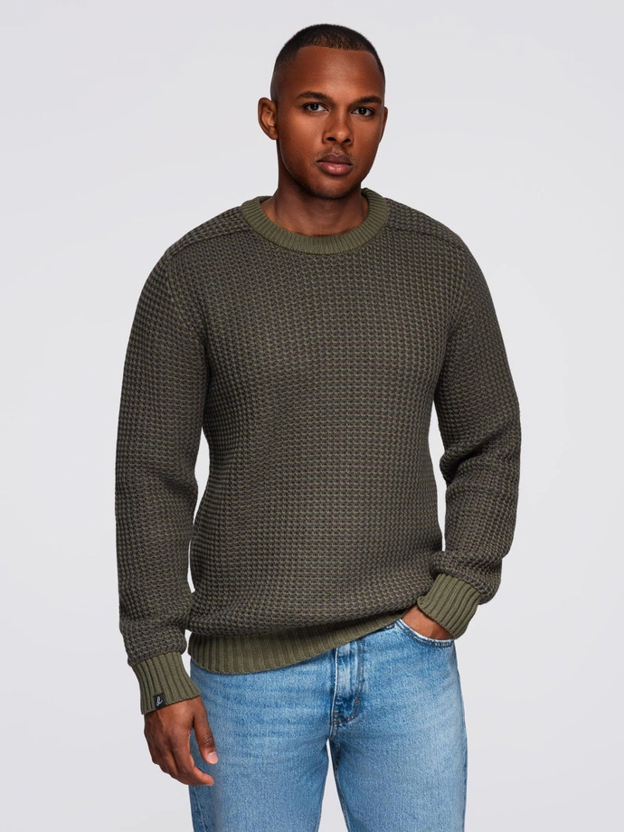 Men's contrast weave sweater with round neckline - dark olive V2 OM-SWSW-0122