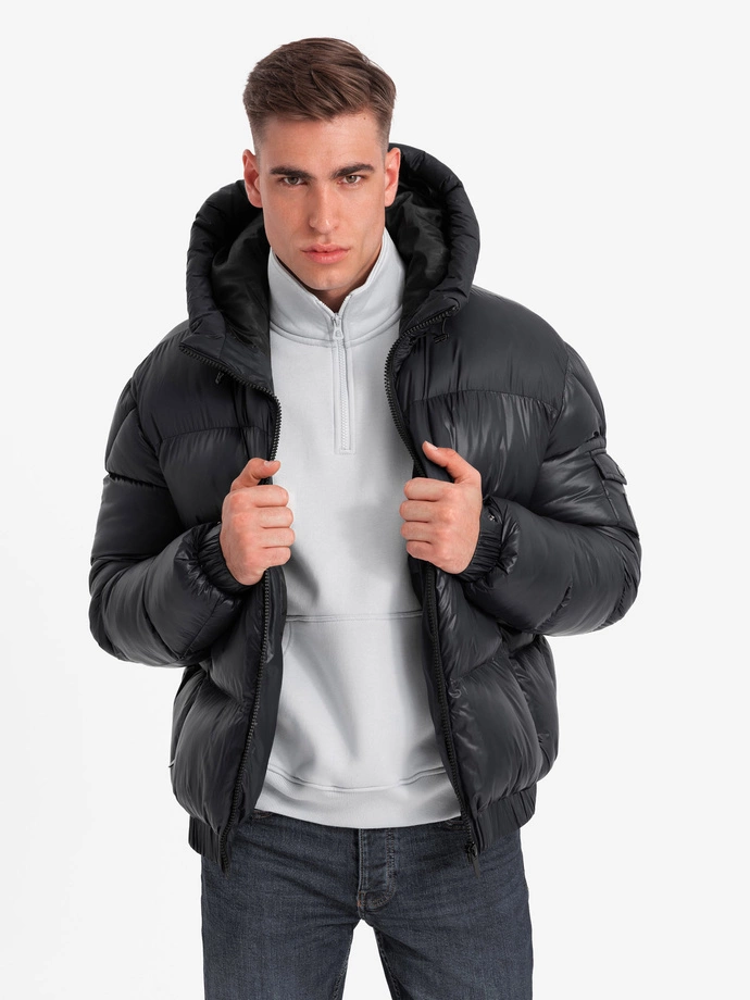 Men's warm puffer jacket with welts - black V1 OM-JAHP-0207