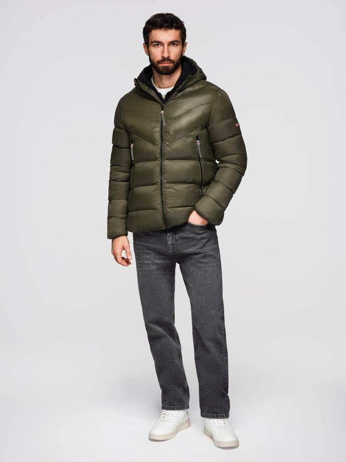 Men's quilted winter jacket with combined materials - dark olive green V3 OM-JAHP-0145
