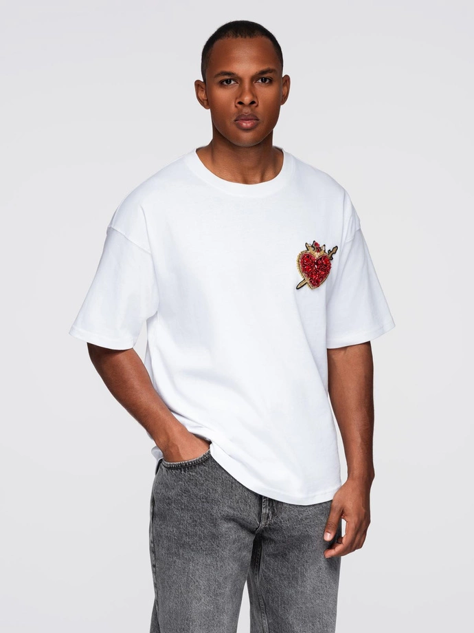 Tricou bărbătesc din bumbac cu aplicații de bijuterii pe piept - off white V2 OM-TSCT-0290