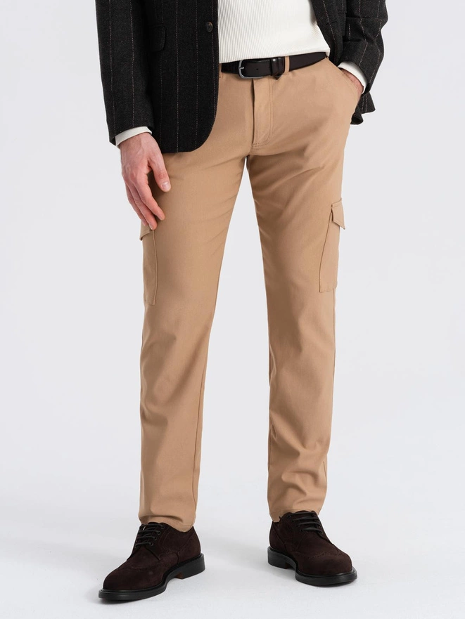 Men's REGULAR fabric pants with cargo pockets - light brown V4 OM-PACG-0178