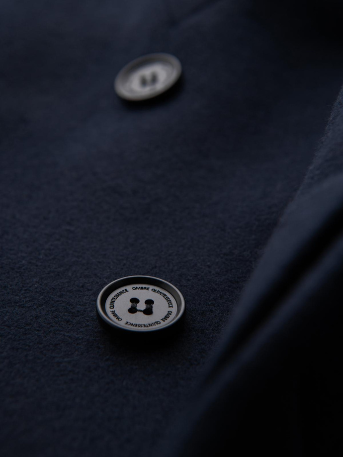 Men's coat with asymmetrical fastening and high collar - navy blue V3 OM-COWC-0141