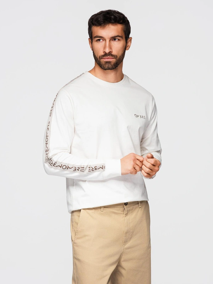 Men's cotton U-neck longsleeve with piping and chest print - broken white V3 OM-LSCL-0127