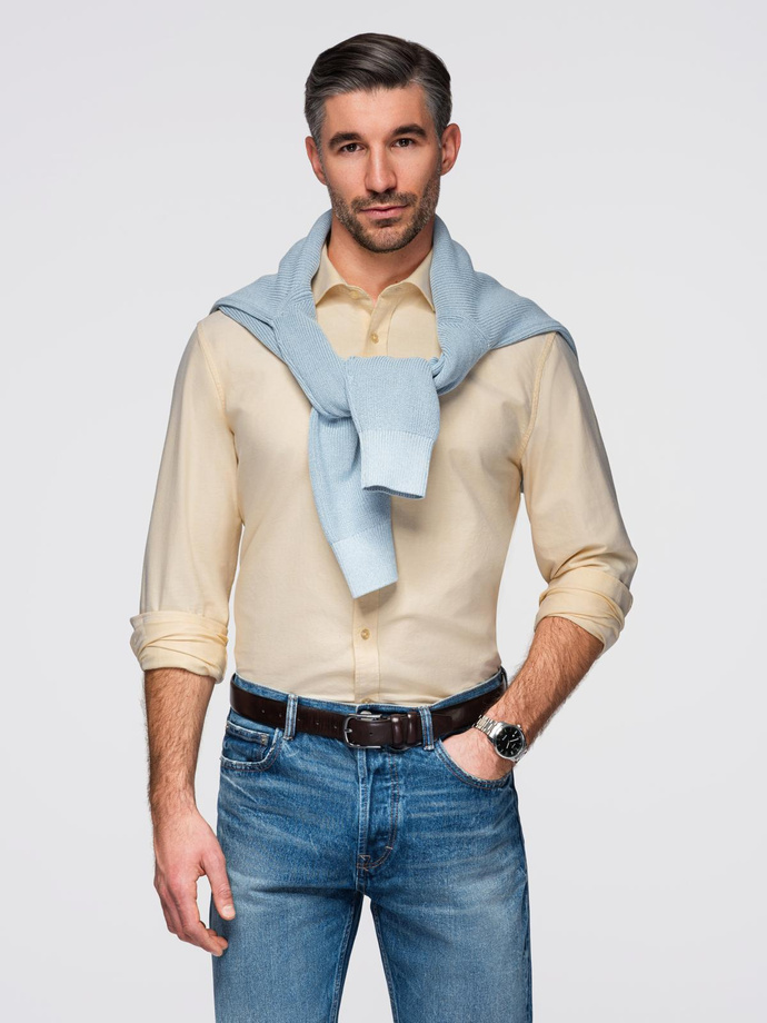 Cămașă oxford elegantă pentru bărbați cu broderie și buzunar - albastru V1 OM-SHOS-0173