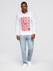 Men's non-stretch kangaroo sweatshirt with hood and print - white V3 OM-SSPS-0158