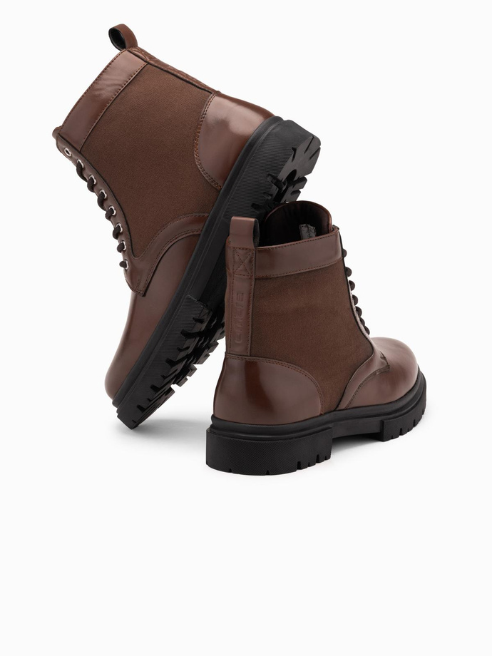 Pánské vysoké traperské boty z kombinovaných materiálů - tmavě hnědé V2 OM-FOBO-0174