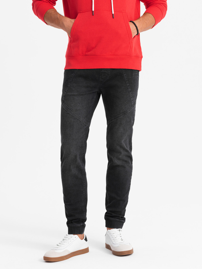 Pantalon sport din denim pentru bărbați cu cusături asimetrice - negru V3 OM-PADJ-0165