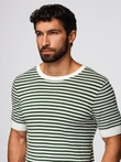Tricou bărbătesc tricotat cu dungi marinărești și țesătură ajurată - măsline și alb V3 OM-TSCT-0255