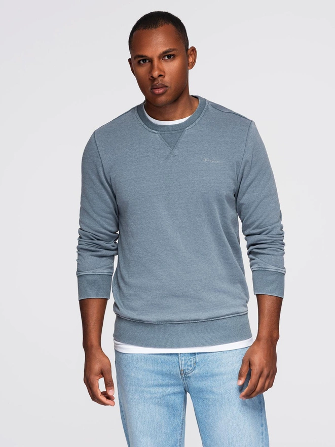 Washed men's sweatshirt with decorative stitching at the neckline - light blue V3 OM-SSDS-0131