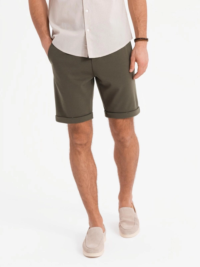 Men's knit shorts with rolled up legs - olive V5 OM-SRCS-0170