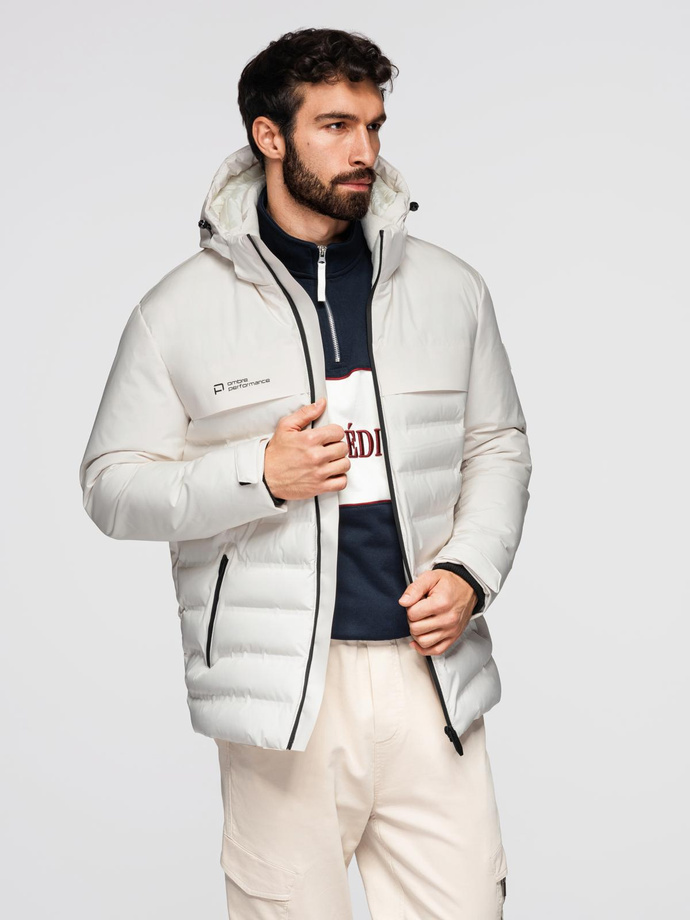 Men's winter jacket with detachable hood - cream V2 OM-JAHP-0150