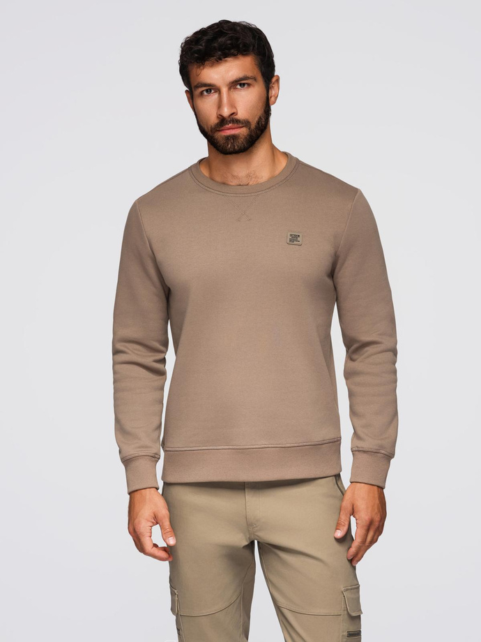 Classic men's sweatshirt with round neckline - light brown V3 OM-SSNZ-0243
