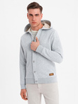 Men's button-down hooded sweatshirt - grey melange V2 OM-SSZP-0186