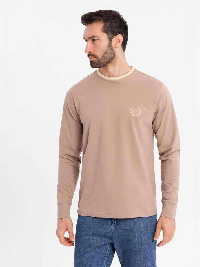 Polo bărbătesc structurat cu mânecă lungă și patch-uri - maro V4 OM-POLS-0131