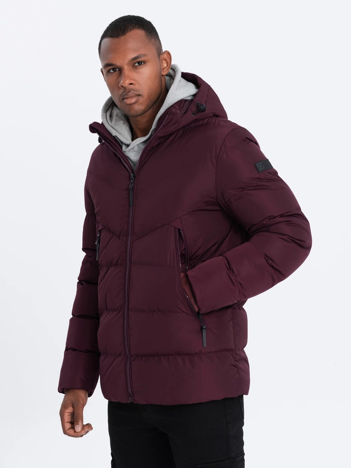 Men's winter jacket with unusual quilting - maroon V5 OM-JAHP-0127