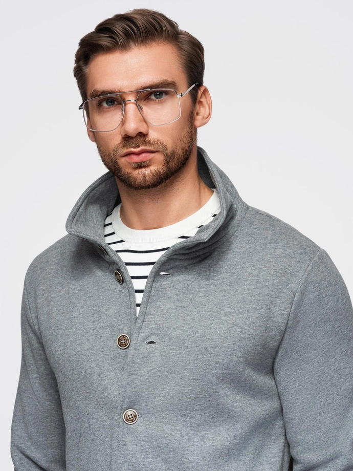 Men's button-down sweatshirt with stand-up collar - grey melange V7 OM-SSZP-0240