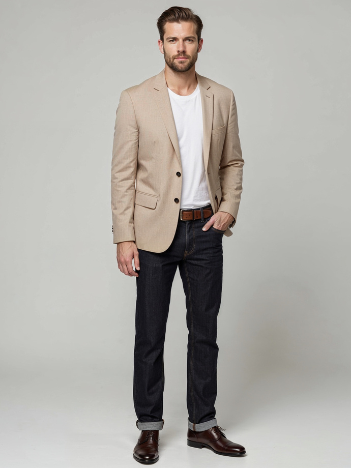 Elegant men's SLIM FIT jacket with rayon - beige V2 OM-BLZB-0135