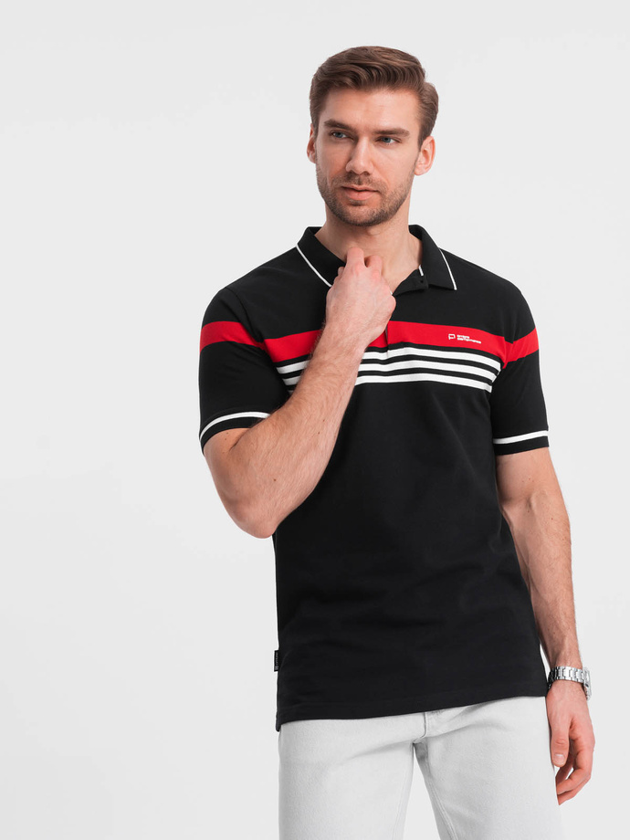 Tricou polo pentru bărbați cu dungi în două tonuri - negru V2 OM-POSS-0127