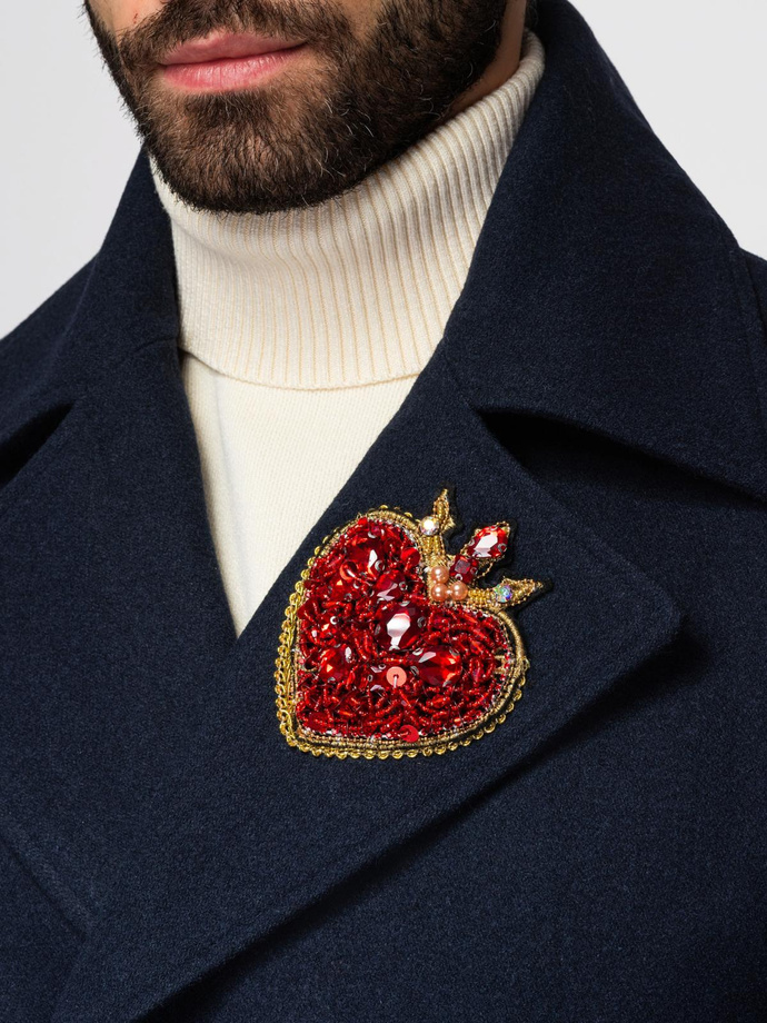 Men's double-breasted coat with wool and decorative appliqués - V1 navy blue OM-COWC-0149
