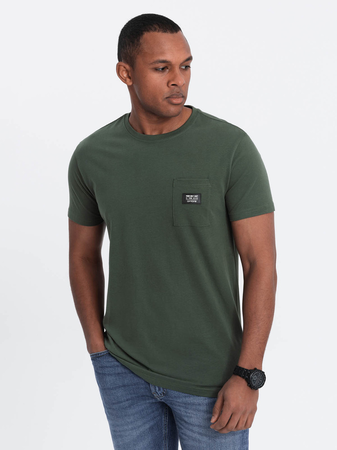 Casual men's t-shirt with patch on pocket - dark olive V4 OM-TSCT-0109