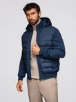 Quilted bomber jacket with hood and knitted sleeves - navy blue V2 OM-JALP-0298