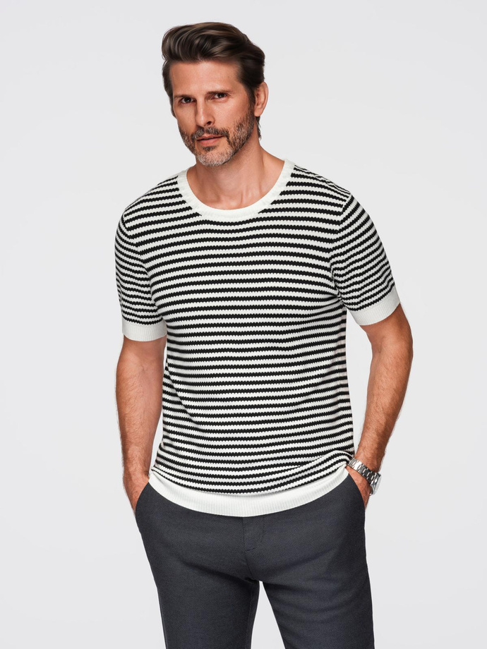 Men's knitted t-shirt with navy stripes and openwork weave - black and white V1 OM-TSCT-0255