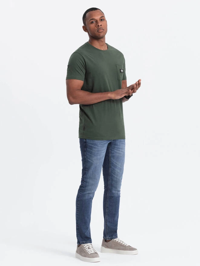 Casual men's t-shirt with patch on pocket - dark olive V4 OM-TSCT-0109