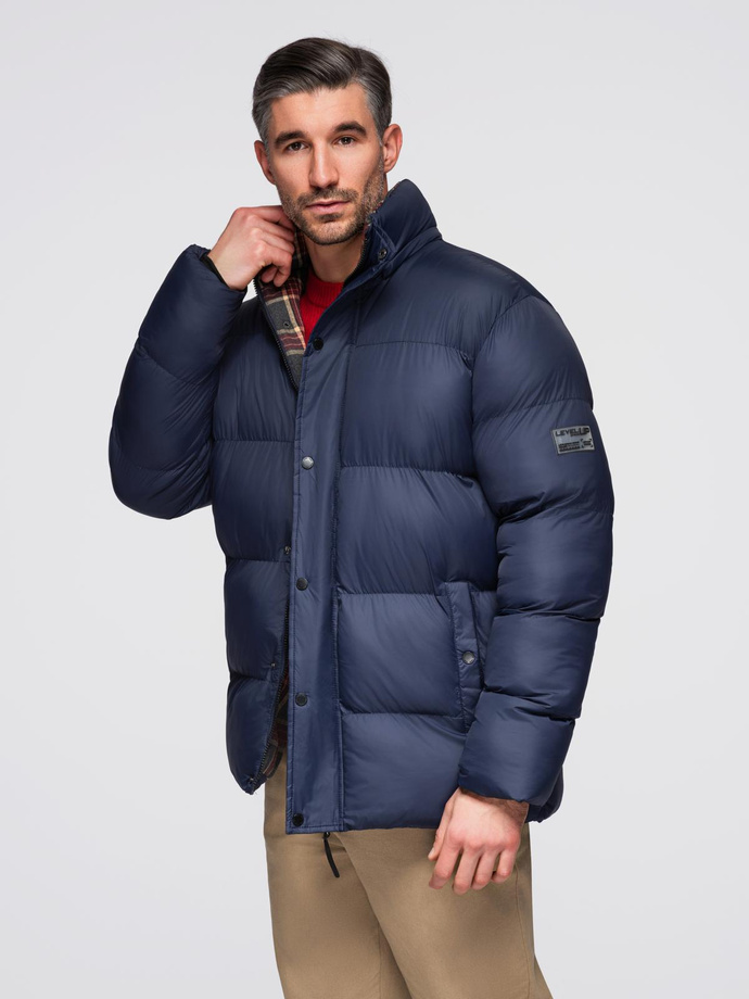 Men's puffer jacket with check lining - navy blue V1 OM-JAHP-0205