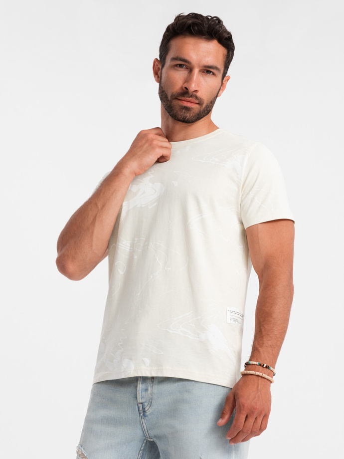 Tricou bărbătesc din bumbac cu modele - crem V7 OM-TSFP-0184