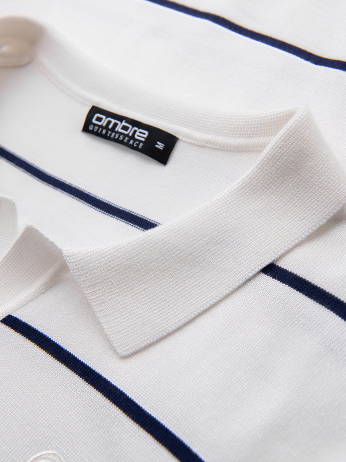 Men's horizontal striped polo longsleeve with viscose - white and navy blue V2 OM-POLS-0146