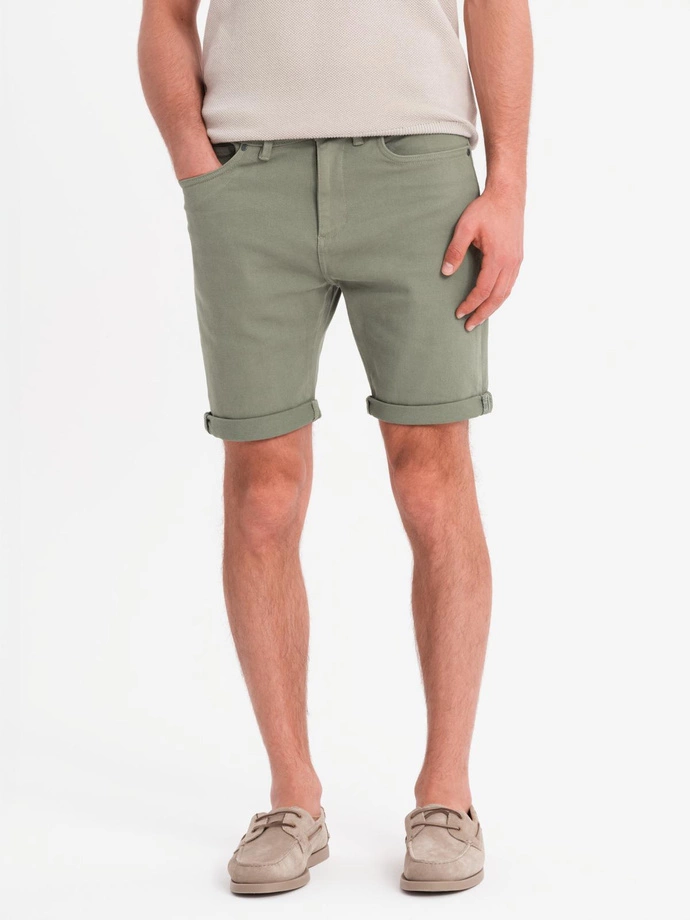 Men's classic denim shorts with rolled up leg - light olive V5 OM-SRDS-0162
