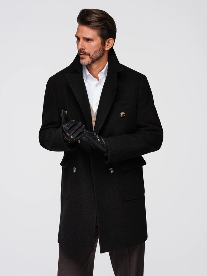 Men's double-breasted coat with decorative buttons - black V2 OM-COWC-0137