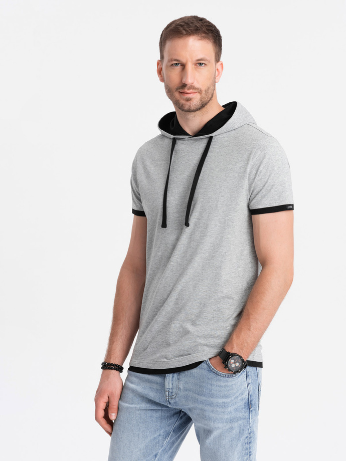 Casual men's cotton hooded t-shirt - grey melange V8 OM-TSCT-22SS-001