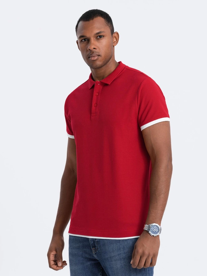 Men's cotton polo shirt with contrast trim - red V2 OM-POSS-0113
