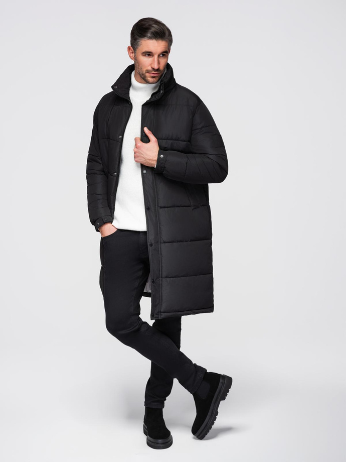 Men's quilted long jacket with detachable hood - black V1 OM-JALJ-0190