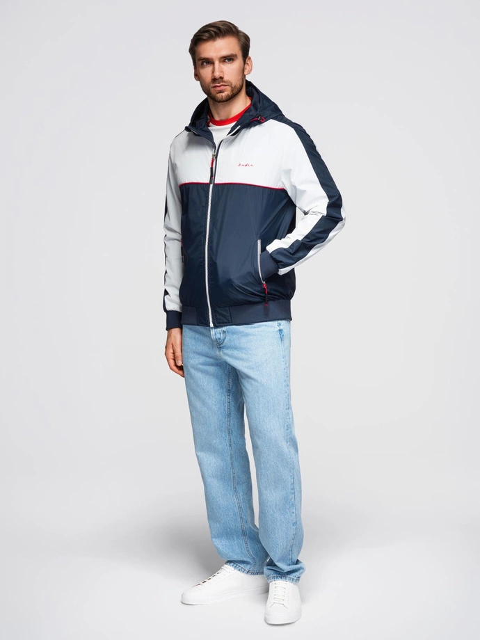 Men's contrast windbreaker jacket with hood - navy blue and white V1 OM-JANP-0228