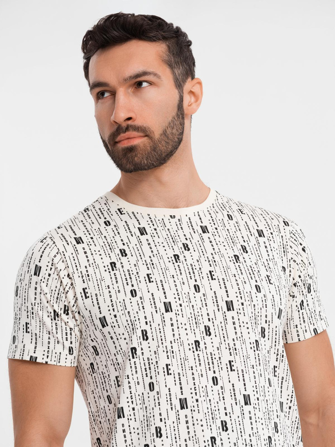 Printed cotton T-shirt with round neckline - cream V1 OM-TSFP-0225