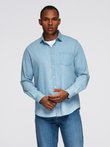 Men's denim shirt with embroidered pocket - light blue V1 OM-SHDS-0181