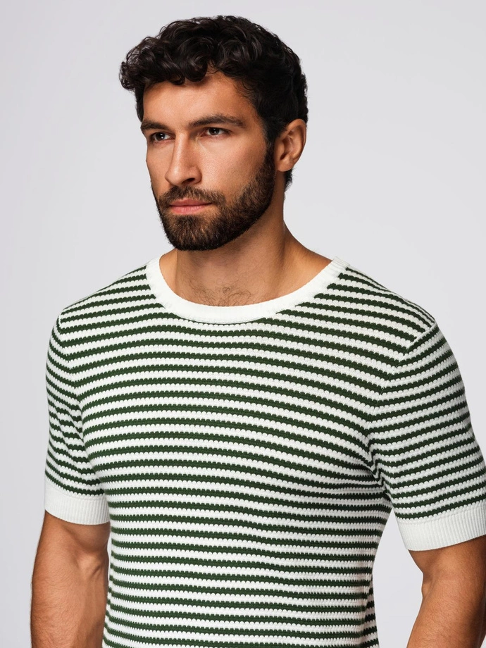 Men's knitted t-shirt with navy stripes and openwork weave - olive and white V3 OM-TSCT-0255
