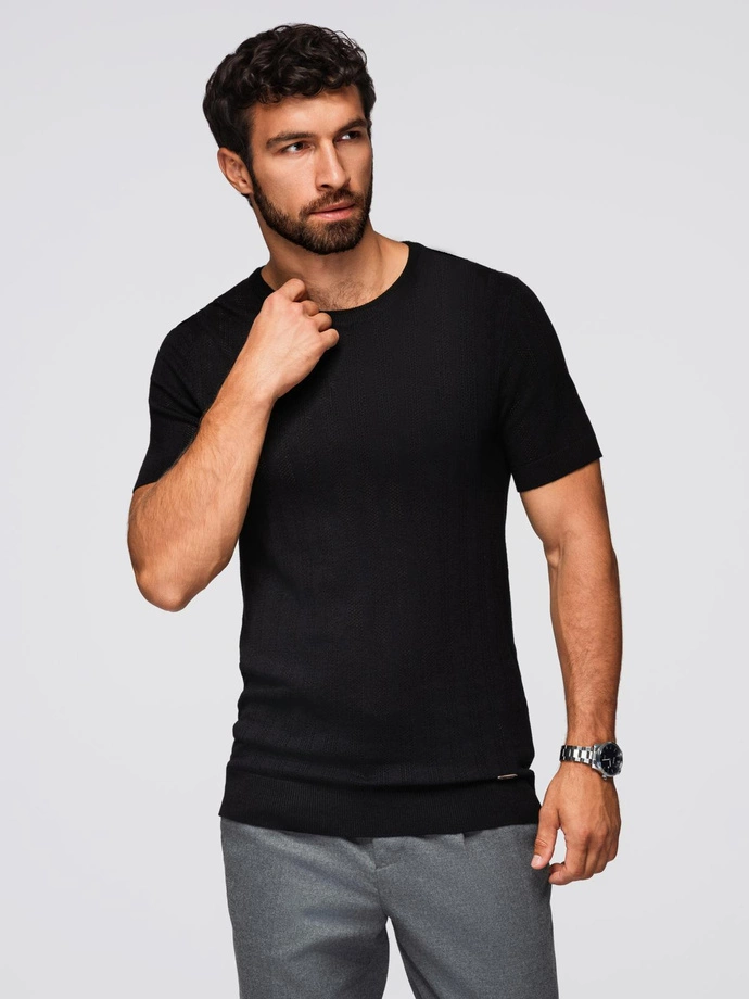 Men's openwork sweater with round neckline and short sleeves - black V2 OM-TSCT-0251
