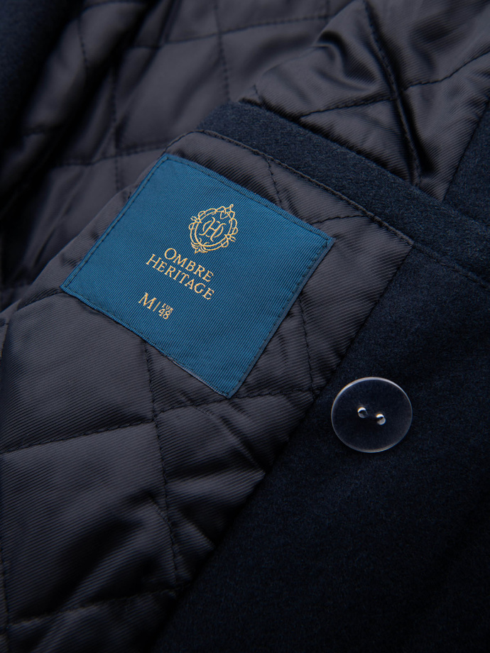 Men's double-breasted coat with wool and decorative shoulder applications - V1 navy blue OM-COWC-0150