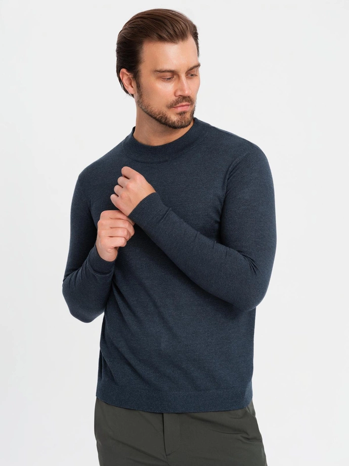 Men's knitted half turtleneck with viscose - navy blue V4 OM-SWTN-0125 