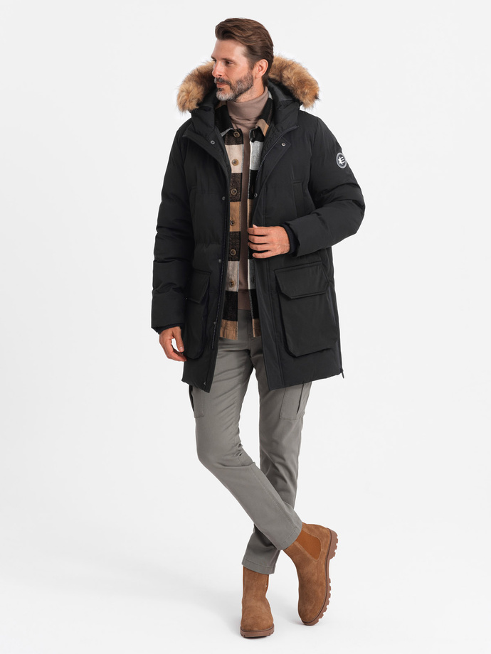 Men's insulated long parka jacket with flared bottom - black V3 OM-JALJ-0184