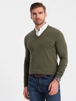 Men's sweater with v-neck with shirt collar - dark olive V5 OM-SWSW-0102