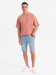 Men's short denim shorts with rubbing and rolled up leg - light blue V1 OM-SRDS-0186