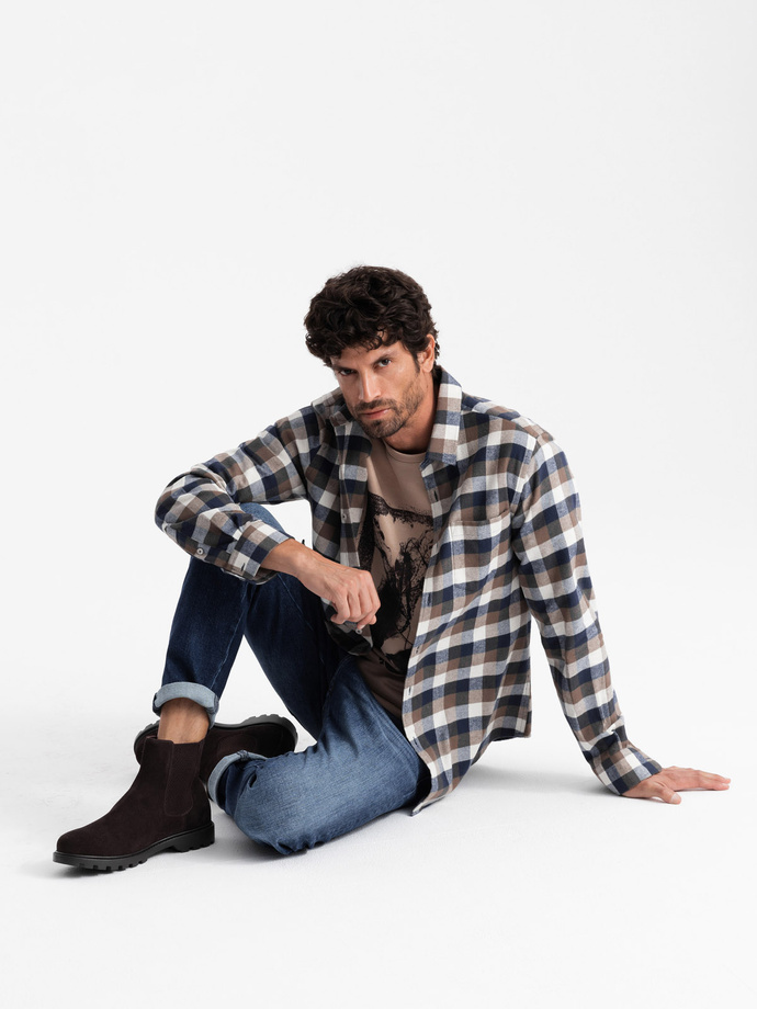 Pantofi slip-on bărbătești din piele întoarsă cu talpă înaltă - maro închis V2 OM-FOBO-0173