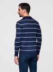 Men's horizontal striped polo longsleeve with viscose - navy blue and white V1 OM-POLS-0146