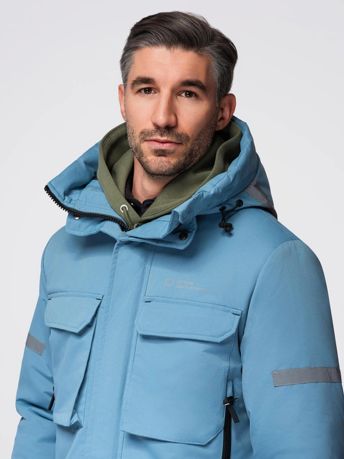 Pánska zateplená dlhá bunda s reflexnými prvkami - modrá V4 OM-JALJ-0169